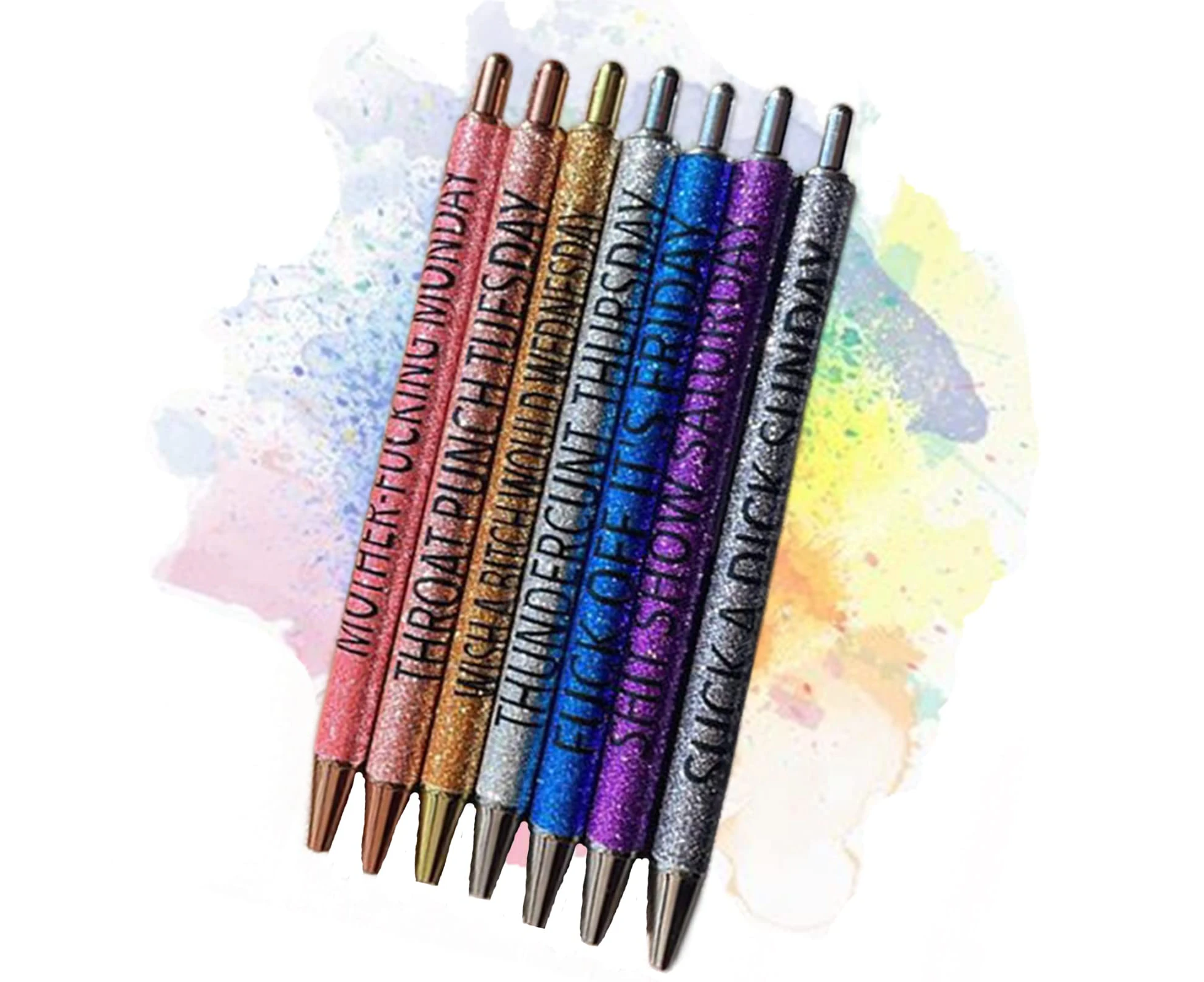 7PCS Funny Pens: Swear Word Daily Pen Set | Weekday Vibes Glitter Pen Set | Days of the Week Pens