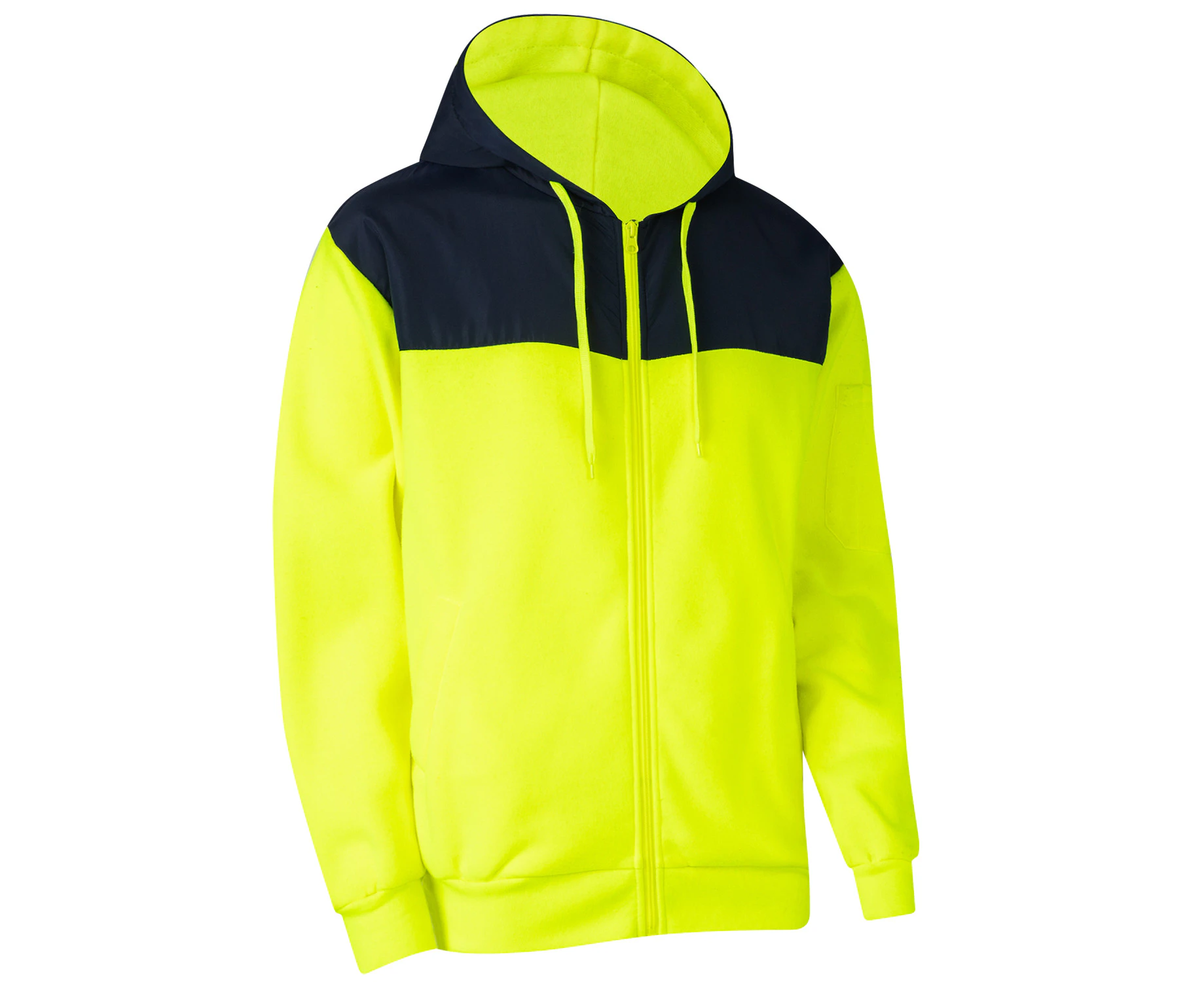 HI VIS Hooded Safety Jacket Hoodie Full Zip Tradie Workwear Fleece Lined Jumper - Fluro Yellow / Navy