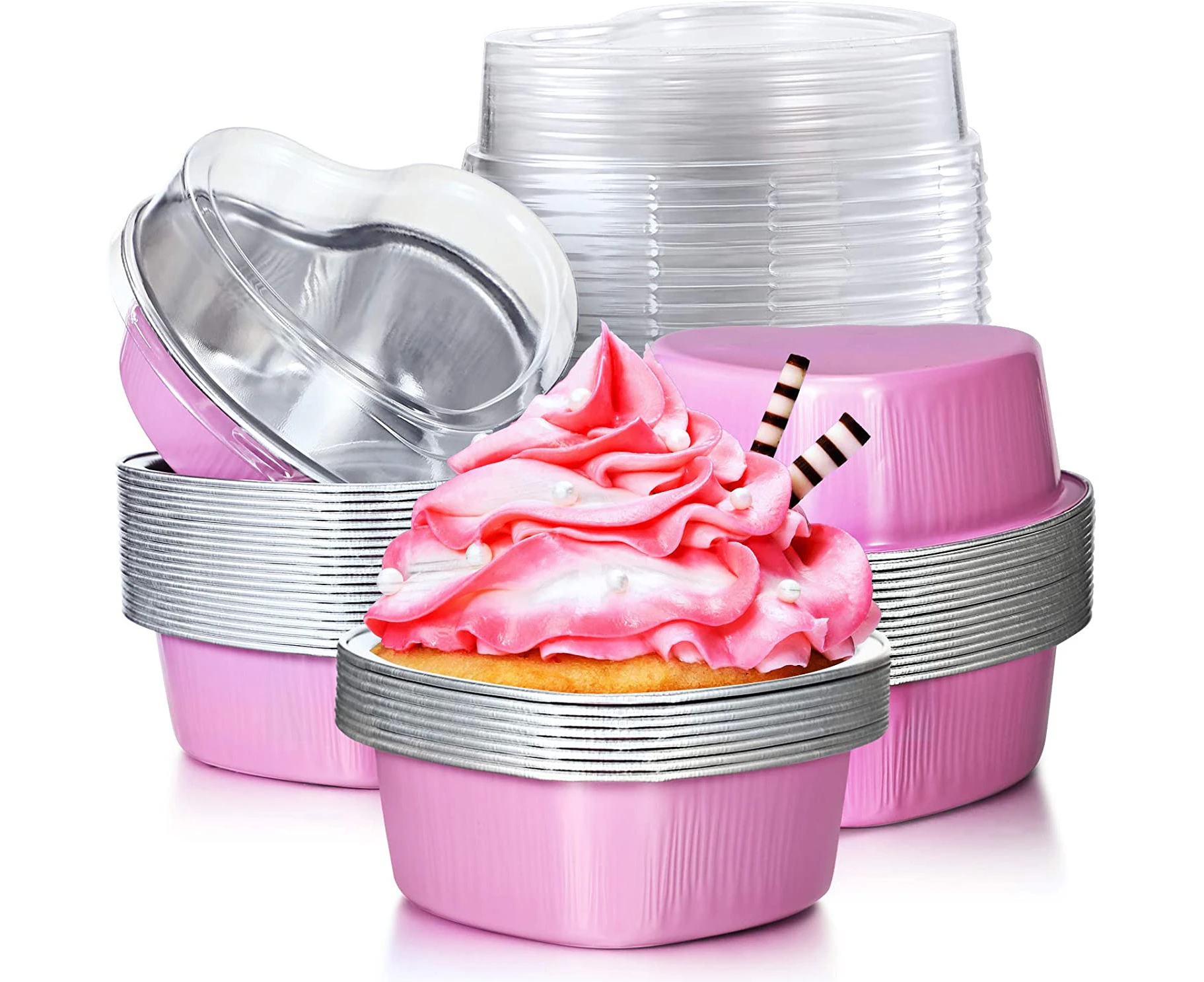 100 Ml/ 3.4 Oz Heart-Shaped Aluminum Foil Cake Pan With Lids Disposable Mini Baking Pans, 20 Pieces