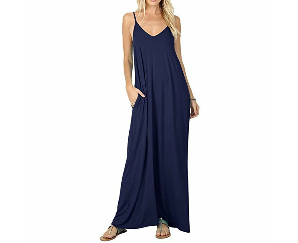 Women Casual Loose Long Maxi Dress Spaghetti Strap Dress With Pockets,Navy Blue,Xl