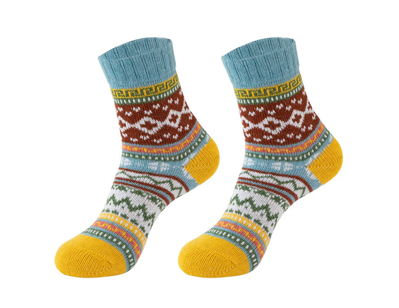 aerkesd 1 Pair Women Knitted Socks Ethnic Style Pattern Middle Tube Coldproof Vintage Stretch Knitting Socks for Daily Wear-Blue One Size - Blue