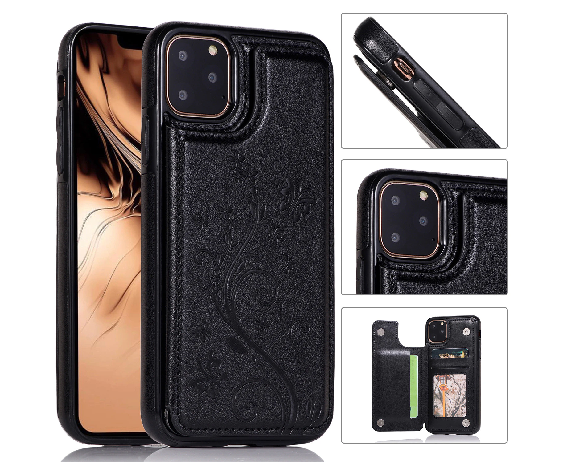 For iPhone 13 Pro Max Leather Cover Wallet - Black