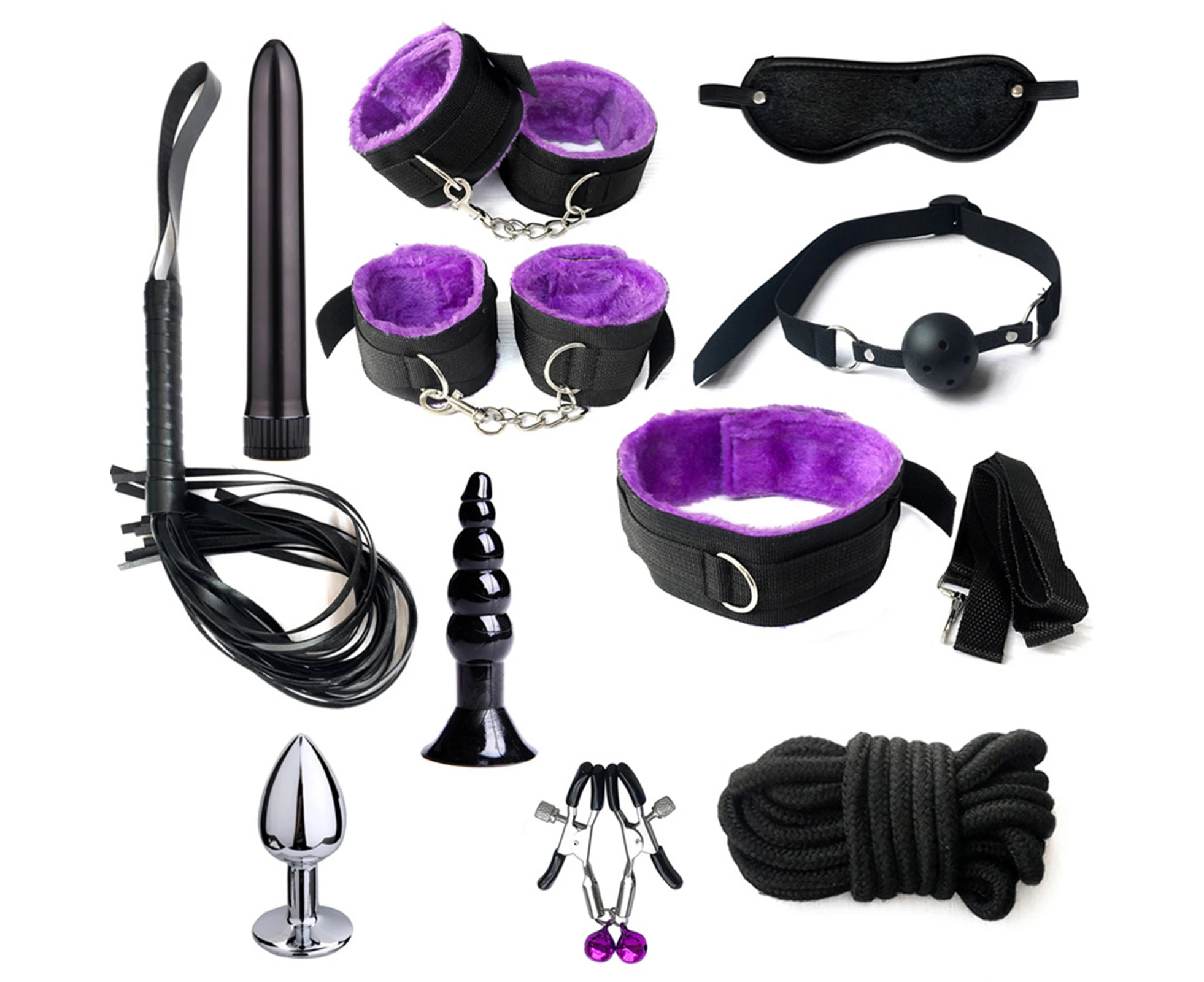 11Pcs/Set Sexy Bondage Whip Handcuffs Anal Plug Sex Toys Kit Adult Game Tools-Purple