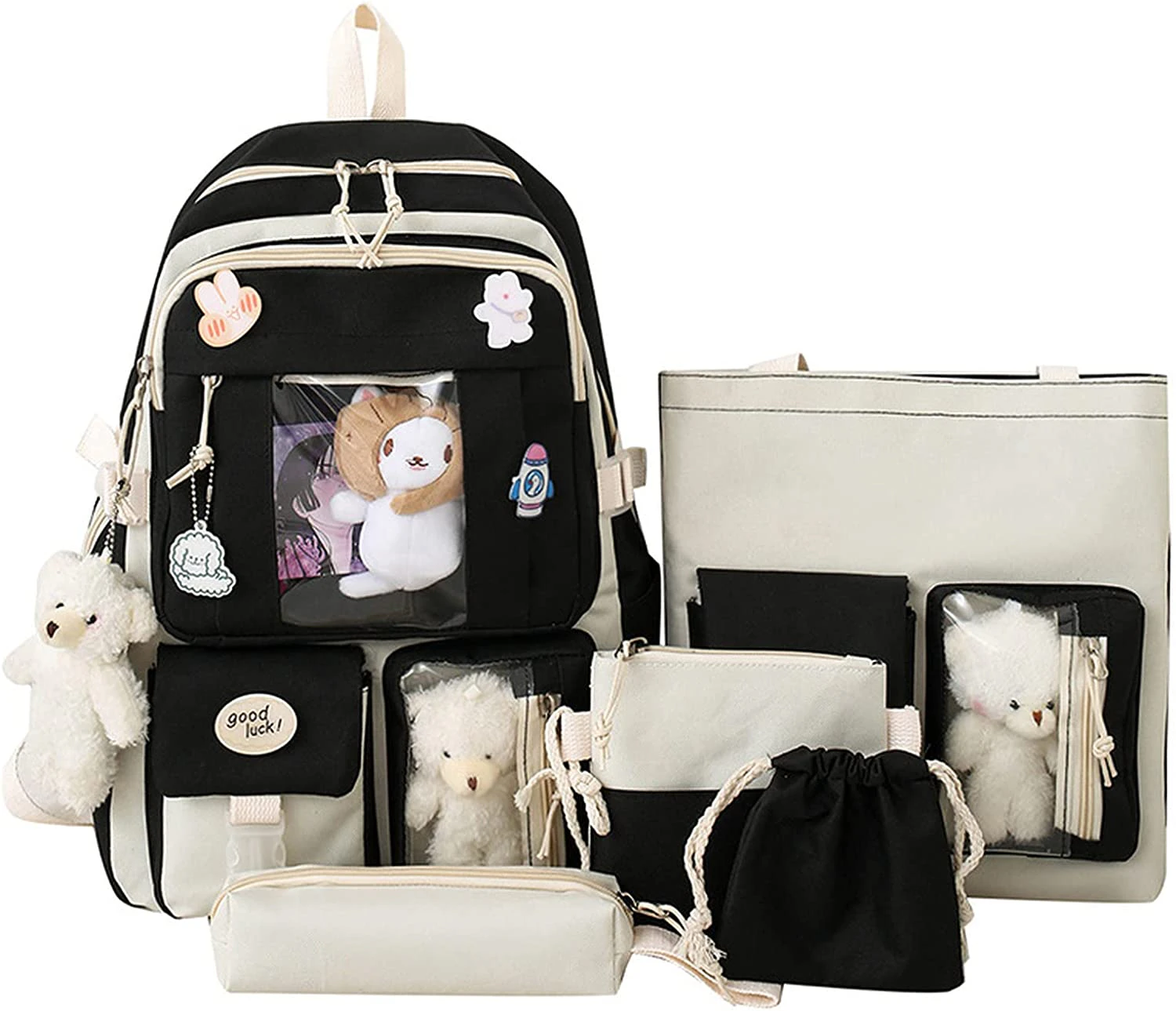 Tool Bag Black Kawaii Aesthetic School Backpack 5 Piece Combo Set Cute Bear Pendant Pins Rucksack Small Laptop School Bag Essential Kit