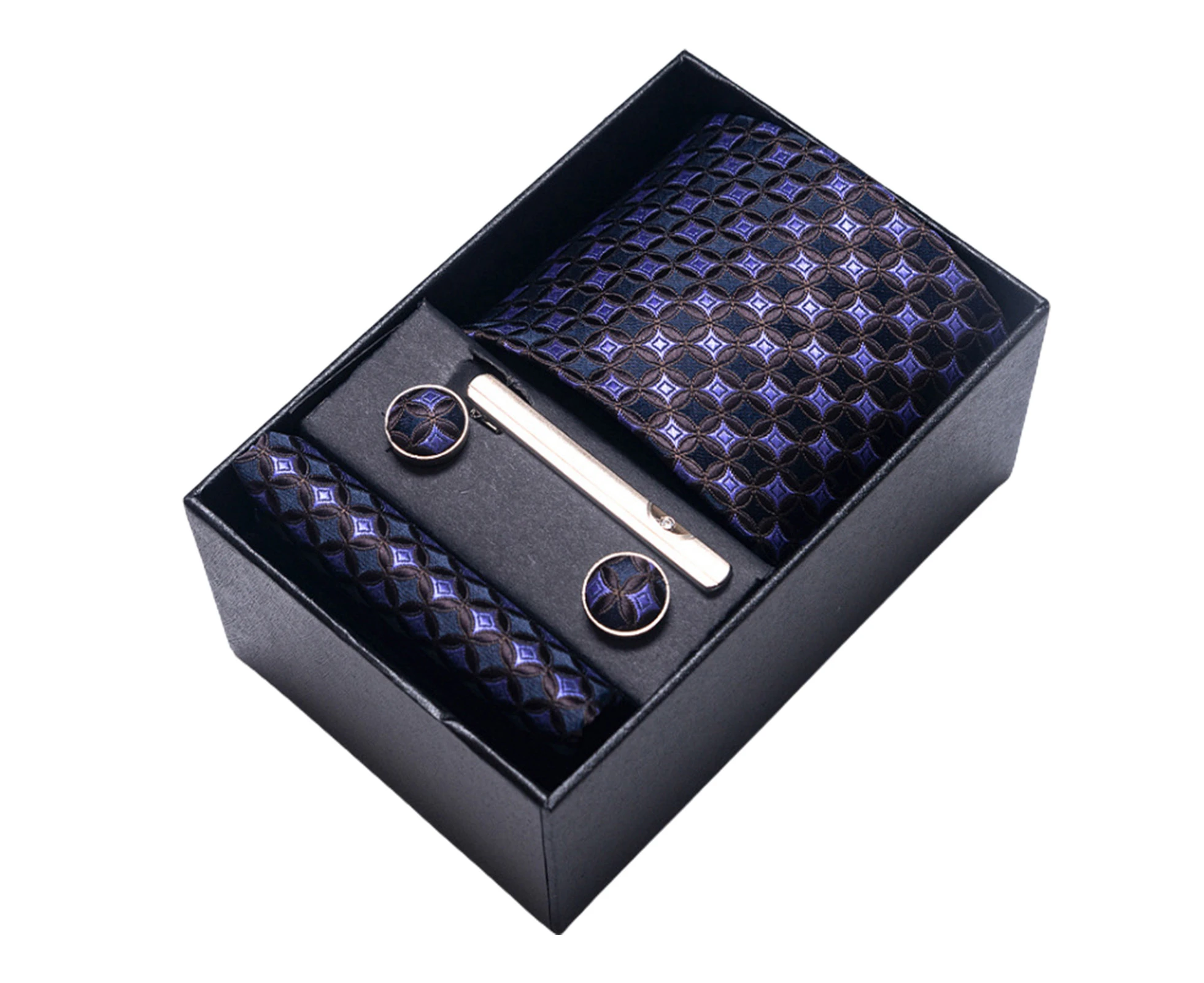 Nirvana 4Pcs/Set Smooth Texture Luxury Exquisite Gift Box Tie Men Business Jacquard Print Tie Cufflinks Square Scarf Clip Set- P