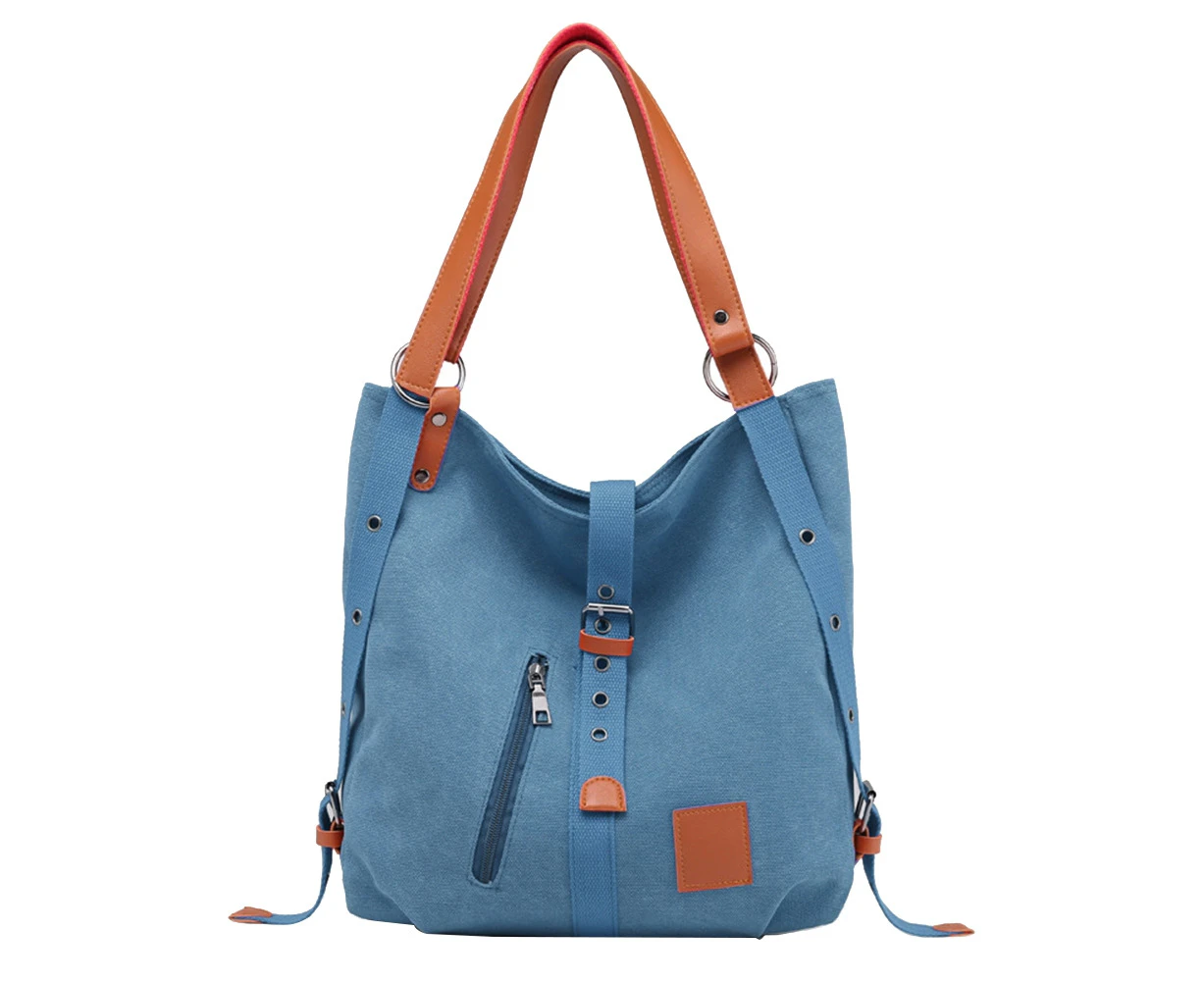 Casual Women's Convertible Large Capacity Tote Shoulder Bag Canvas Backpack Light Blue