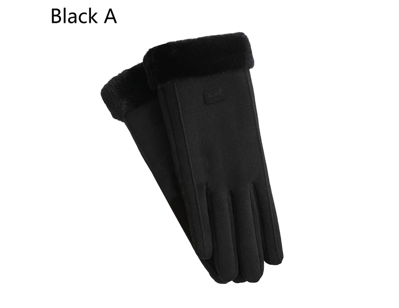 1 Pair Women Gloves Retro Wind Resistant Touch Screen Coral Fleece Autumn Winter Full Finger Gloves for Cycling - Black A