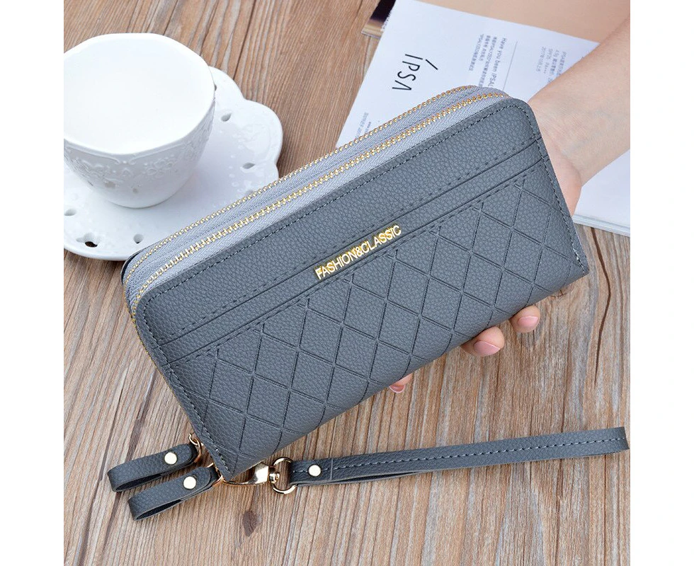 Buylor Double Zip Women's Wallet Purse Card Holder Long Wallet Pu Leather Clutch Bags Female Plaid Coin Purse Fashion Handbag - Gray