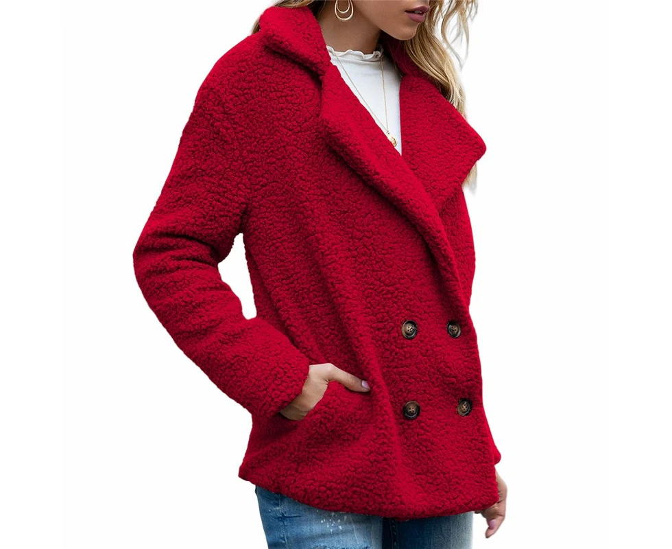 Women Solid Colour Button Down Lapel Loose Fitting Cardigan Trench Coat - Red