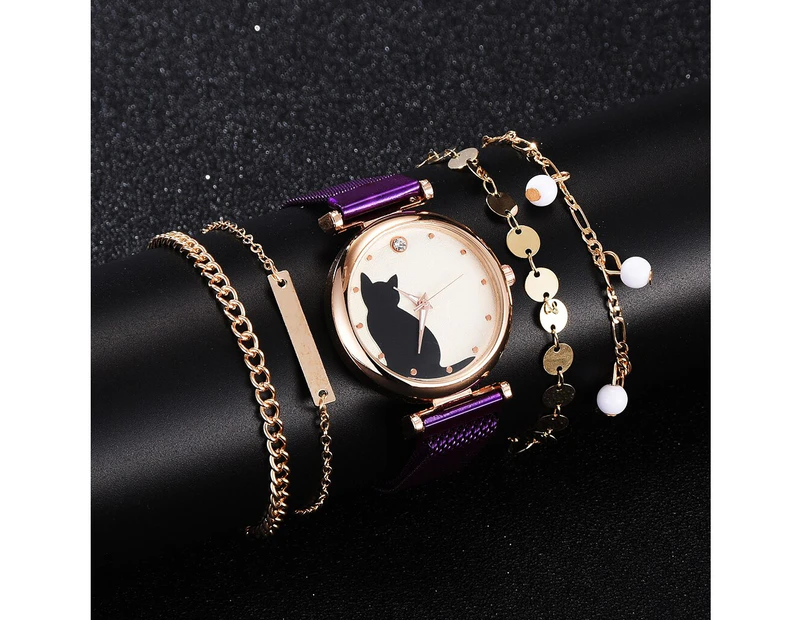 Fashion Watch Set Women 5pcs Quartz Wristwatch Mesh Bracelet Cat Dial Luxury Woman Watch Casual Ladies Clock Relogio Femenino - Purple set1