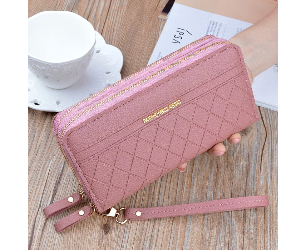 Buylor Double Zip Women's Wallet Purse Card Holder Long Wallet Pu Leather Clutch Bags Female Plaid Coin Purse Fashion Handbag - Pink