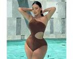 High Cut One Piece Swimsuit Swimwear for Women Bathing Suit Sexy One-Piece Suits Print Beachwear Push Up Monokini Bikini Bodysuit A3 - Brown