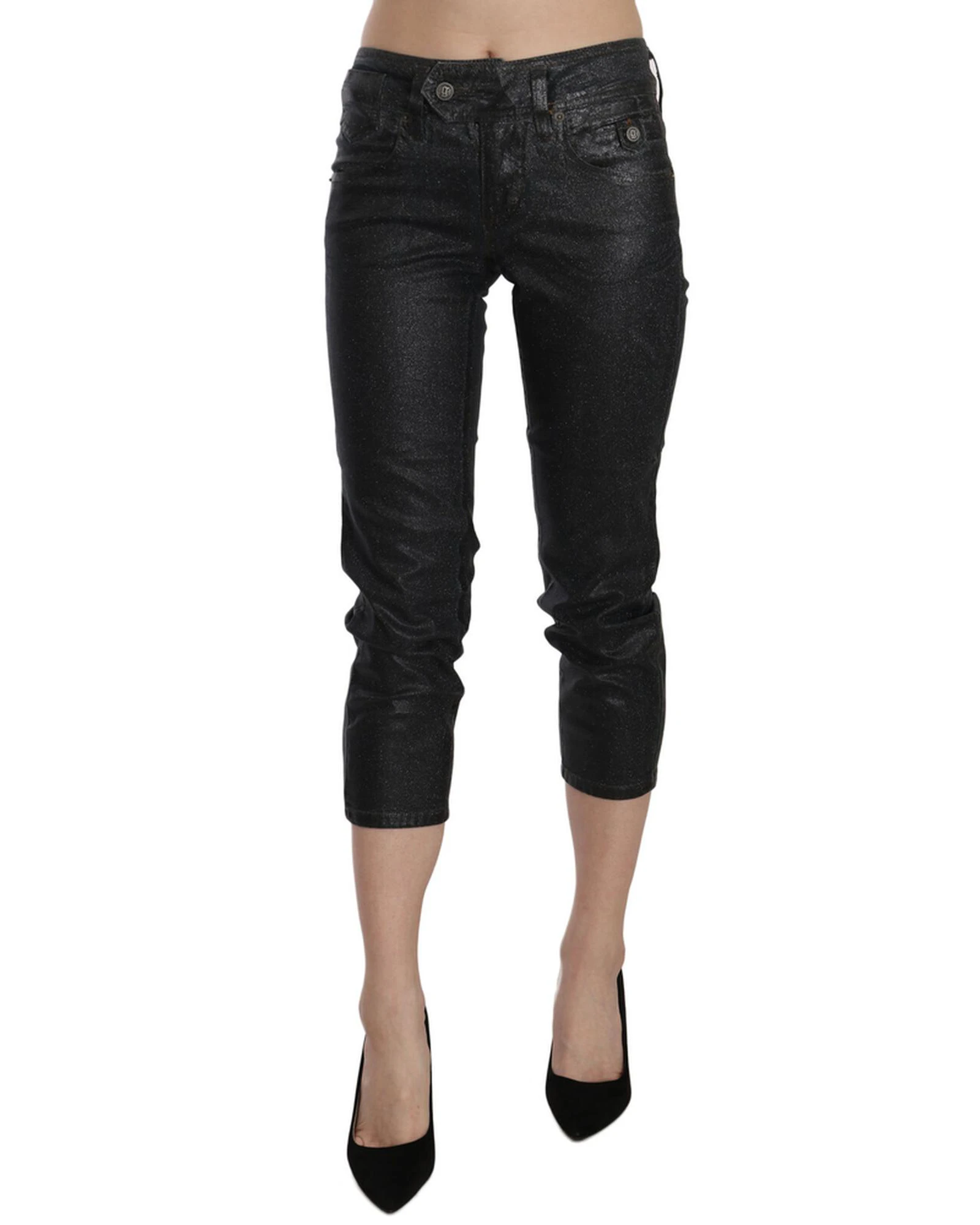 John Galliano Black Washed Mid Waist Slim Leg Cropped Denim Pants