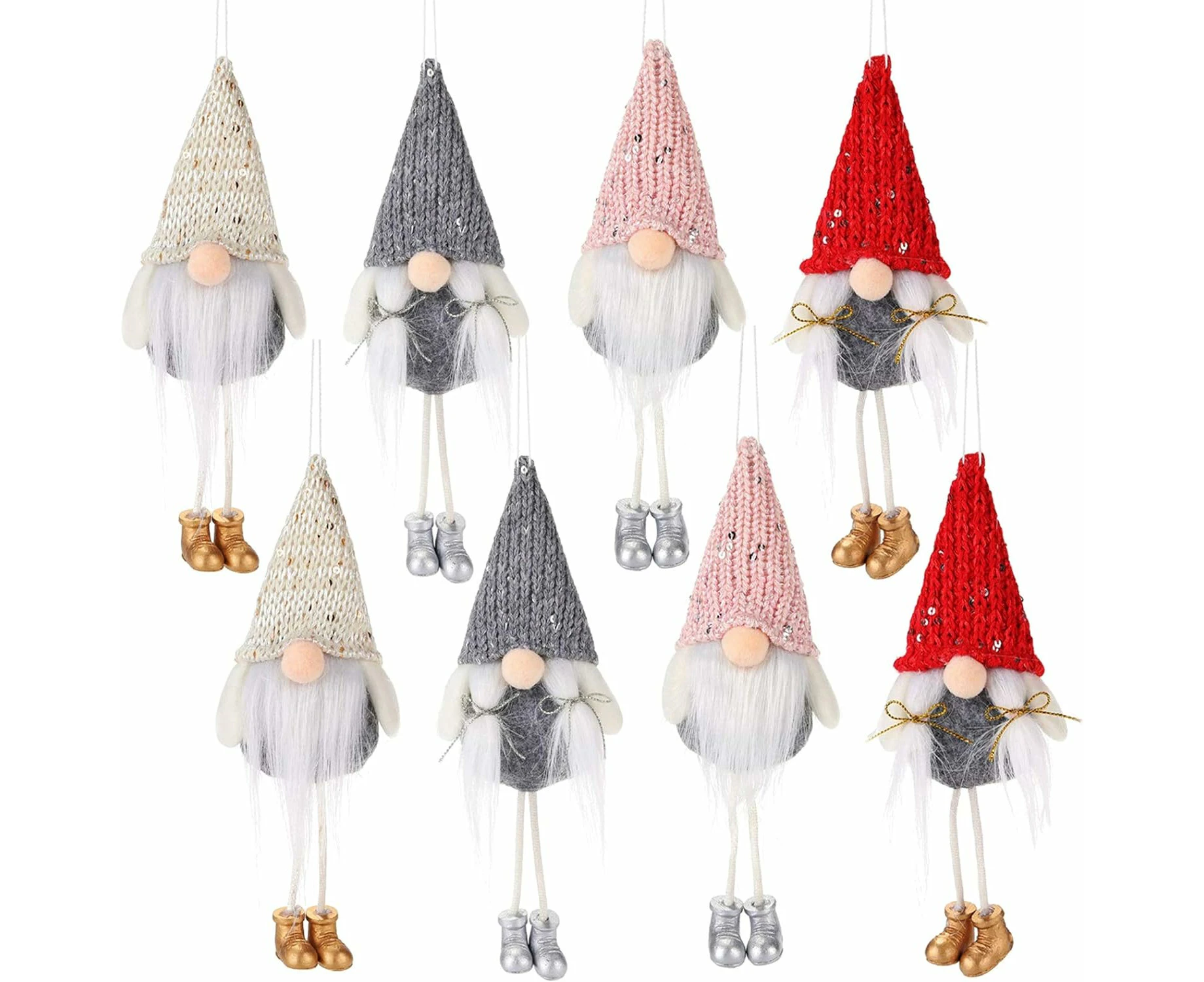 8 Pack of Long Leg Gnome Christmas Ornaments- Handmade Hanging Swedish  Scandinavian Santa Gnome Plush Ornament for Holiday Xmas