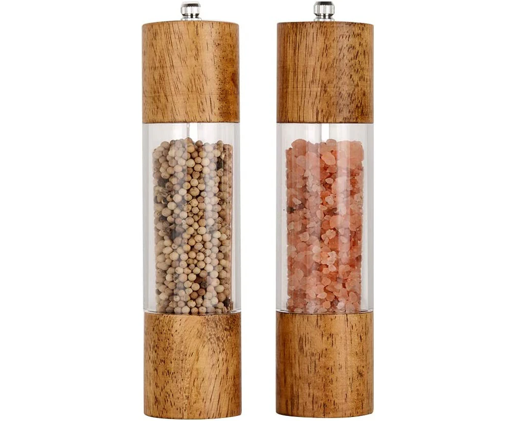 Premium Acrylic Salt and Pepper Grinder Set, Manual Salt and Pepper Mills- Wooden Shakers with Adjustable Ceramic Core-Salt Grinder and Pepper Mill