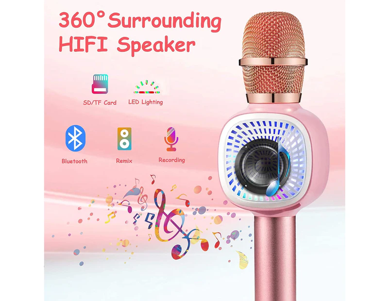 Wireless Bluetooth Karaoke Microphone, Portable Kids Microphone Karaoke Player Speaker with LED & Music Singing Voice Recording-Rose Pink