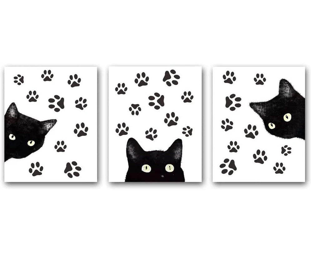 Set of 3 Animal Cat Wall Art Prints,Fun Poster with Black Cat and Claw, Lovely Cat Wall Art Canvas for Living Room Home Decor.Gift.(Unframed,8”X10”inches).