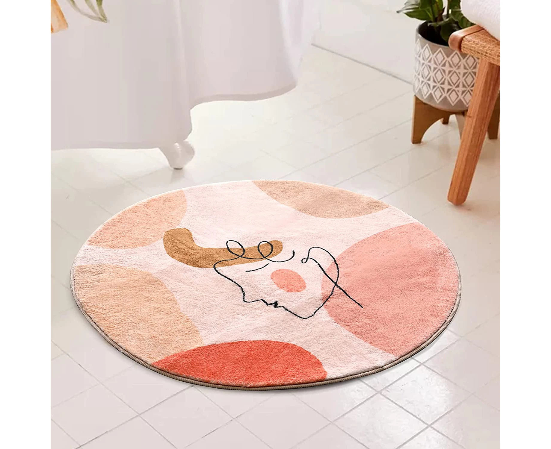 Cute Pink Round Bathroom Rugs 2ft Faux Wool Soft Shag Circle Bath Mat with Rubber Backing Modern Abstract Aesthetic Art Patterned Bath Rug Non Slip