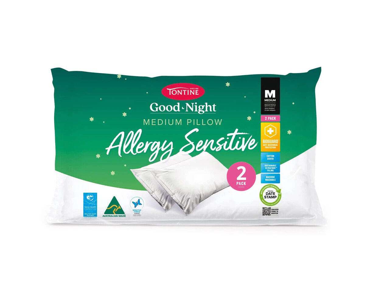 2pc Tontine Good Night Allergy Sensitive Sleep/Bedding Soft Pillow Medium Height