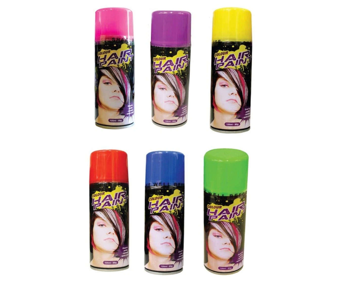 6x Hair Spray Paint Non-Toxic Washable Party Fun Fluro Dye Colouring 125ml