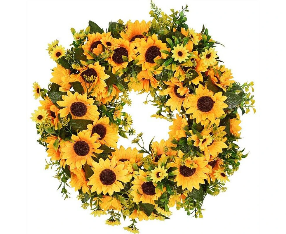 Artificial Sunflower Summer Wreath-16 Inch Decorative Fake Flower Wreath