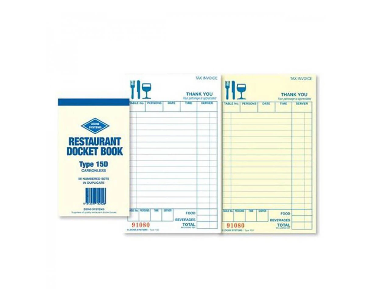 Zions Carbonless Duplicate Restaurant Docket Book - 15 line