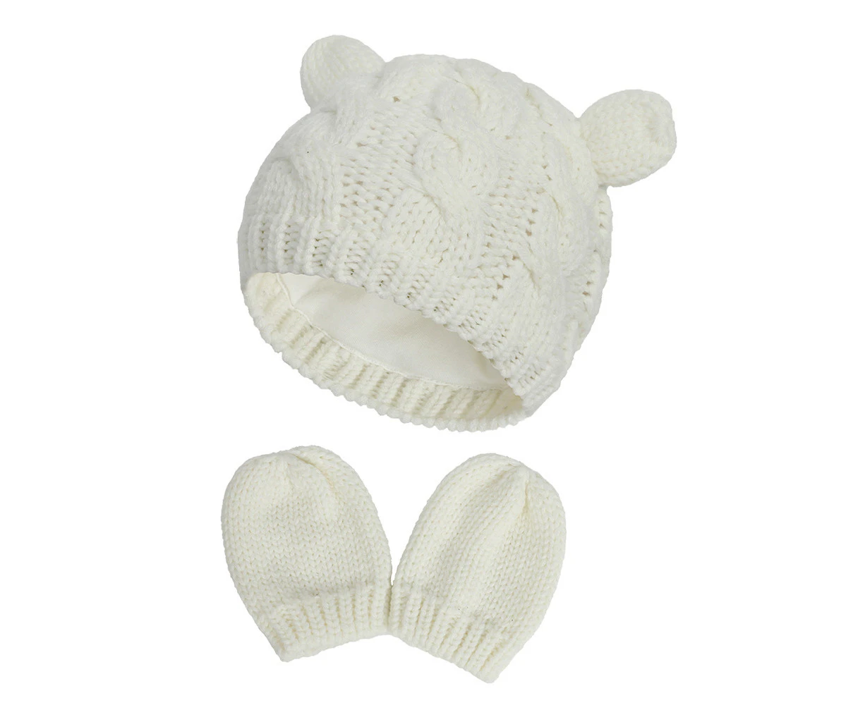 Baby Fall And Winter Hat And Glove Set,White,L