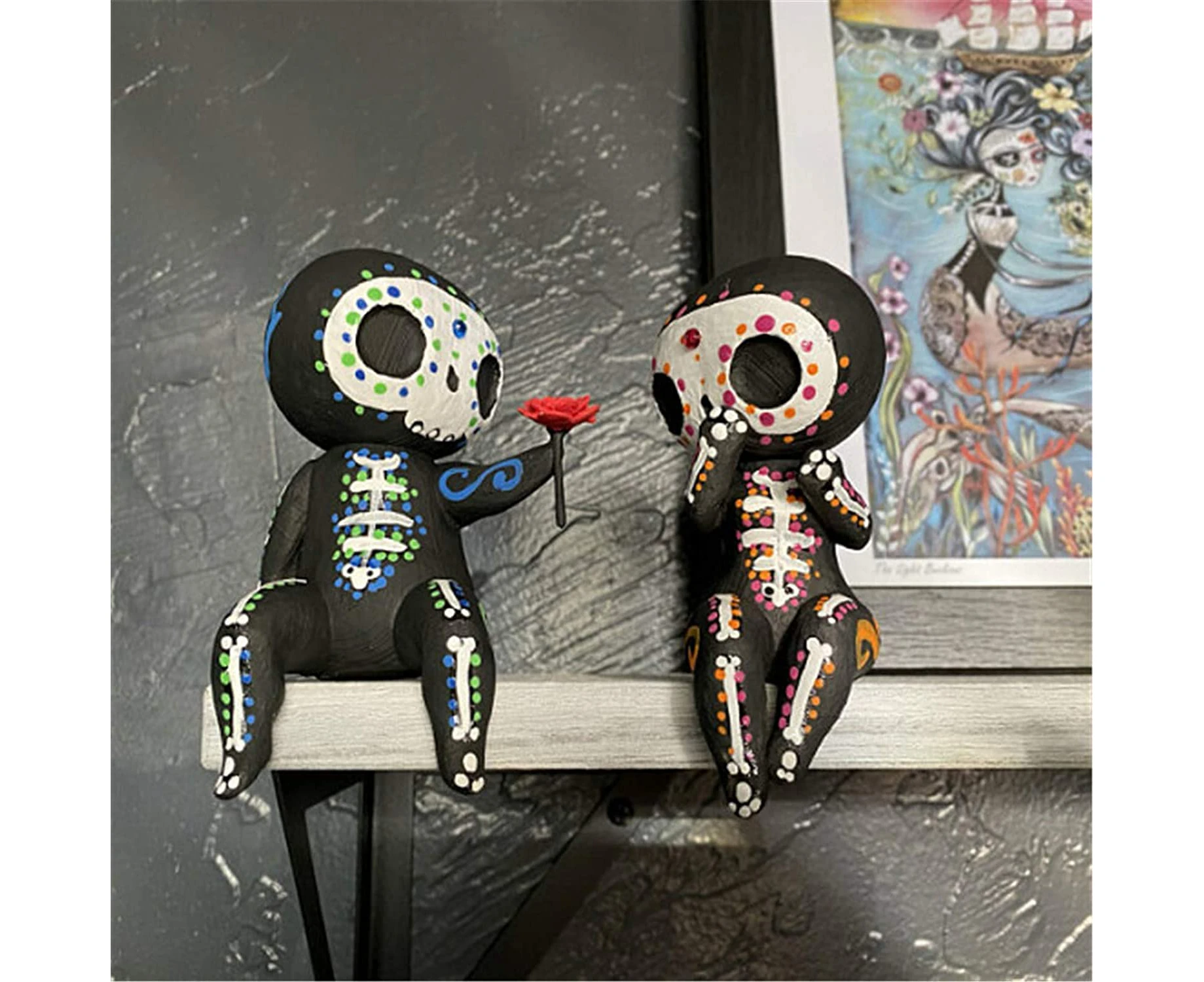 Sugar Skull Couple Statue, Sugar Skull Figurine, Resin Crafts Cute Statue Skull - Skull Head Skeleton Figurine Statue Display Hand Crafts