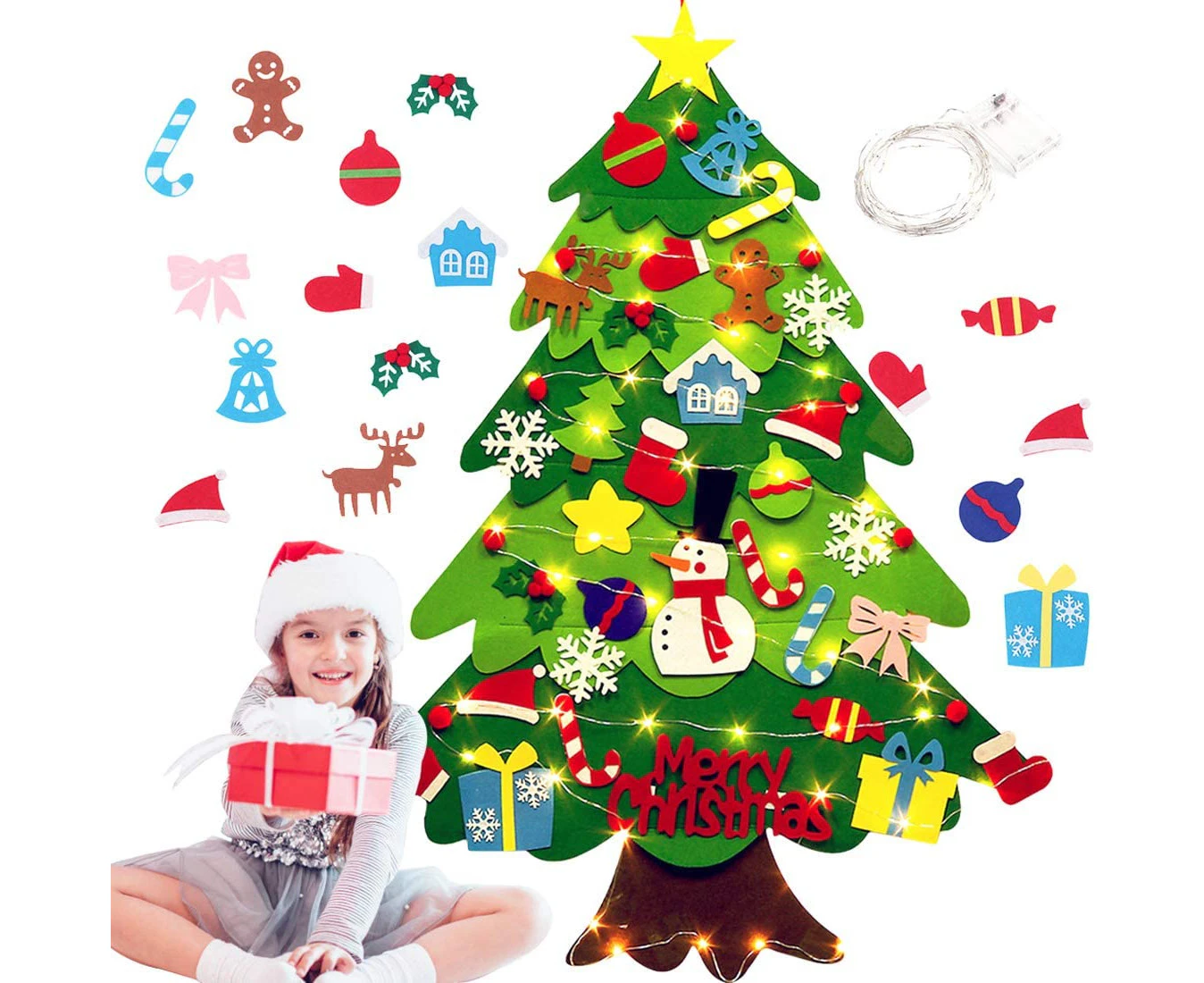 DIY Felt Christmas Tree with Light for Kids Wall 30pcs Detachable Christmas Tree Ornaments Wall Decor Door Hanging Christmas Tree Set Xmas Gifts New Year