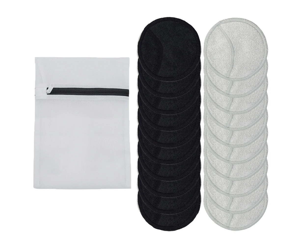 Reusable Makeup Remover Pads, Eco-Friendly Cotton & Bamboo Rounds for Toner & Exfoliants, Includes Washable Bag-10*black+10*grey+1*zipper mesh bag