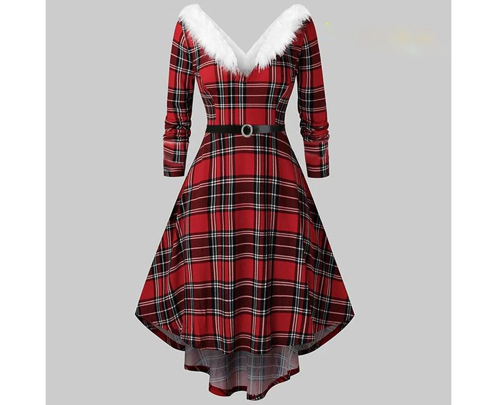 Christmas Fur Trim Long Sleeve Dress - RED PLAID