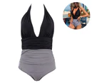 Women's One Piece Swimsuit Halter Plunge Neck Ruched Tummy Control Bathing Suits One-piece Open Back Sexy-L