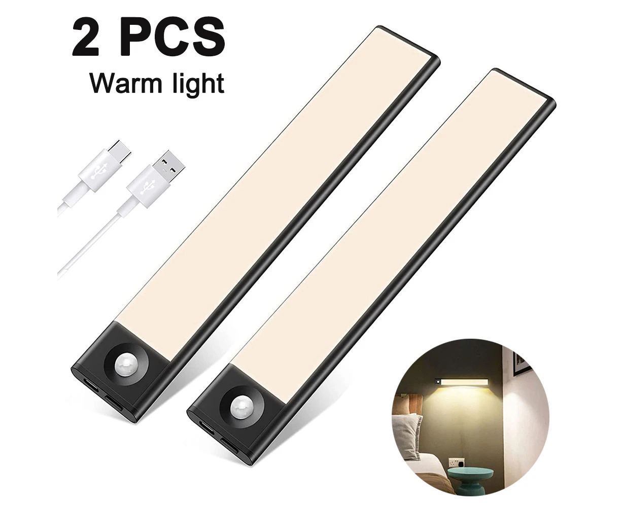 Under Cabinet Lighting Motion Sensor Closet Lights 2 Pack Wireless Rechargeable Battery Led Cabinet Lights - Black - Warm Yellow Light