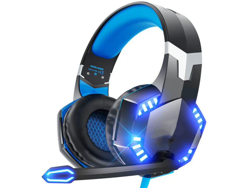 Gaming Headset for PS5 PS4 PC Xbox One, Surround Sound Over Ear Headphones with Mic, LED Light for Mac Laptop Switch Playstation Xbox Series X/S -Blue