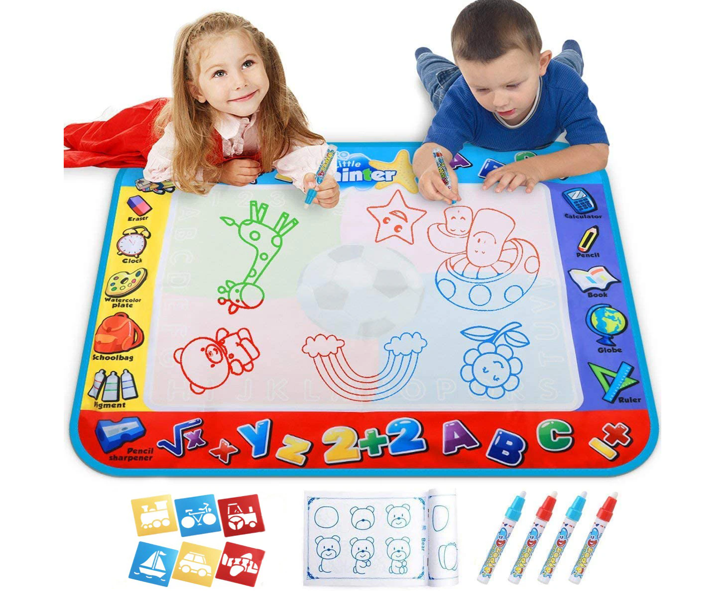 Coloring Mat,Kids Toys Large Water Painting Mat,Toddlers Doodle Pad with 4 Colors,Gifts for Girls Boys Age 3 4 5+ Years Old,4 Pens,Drawing Mold