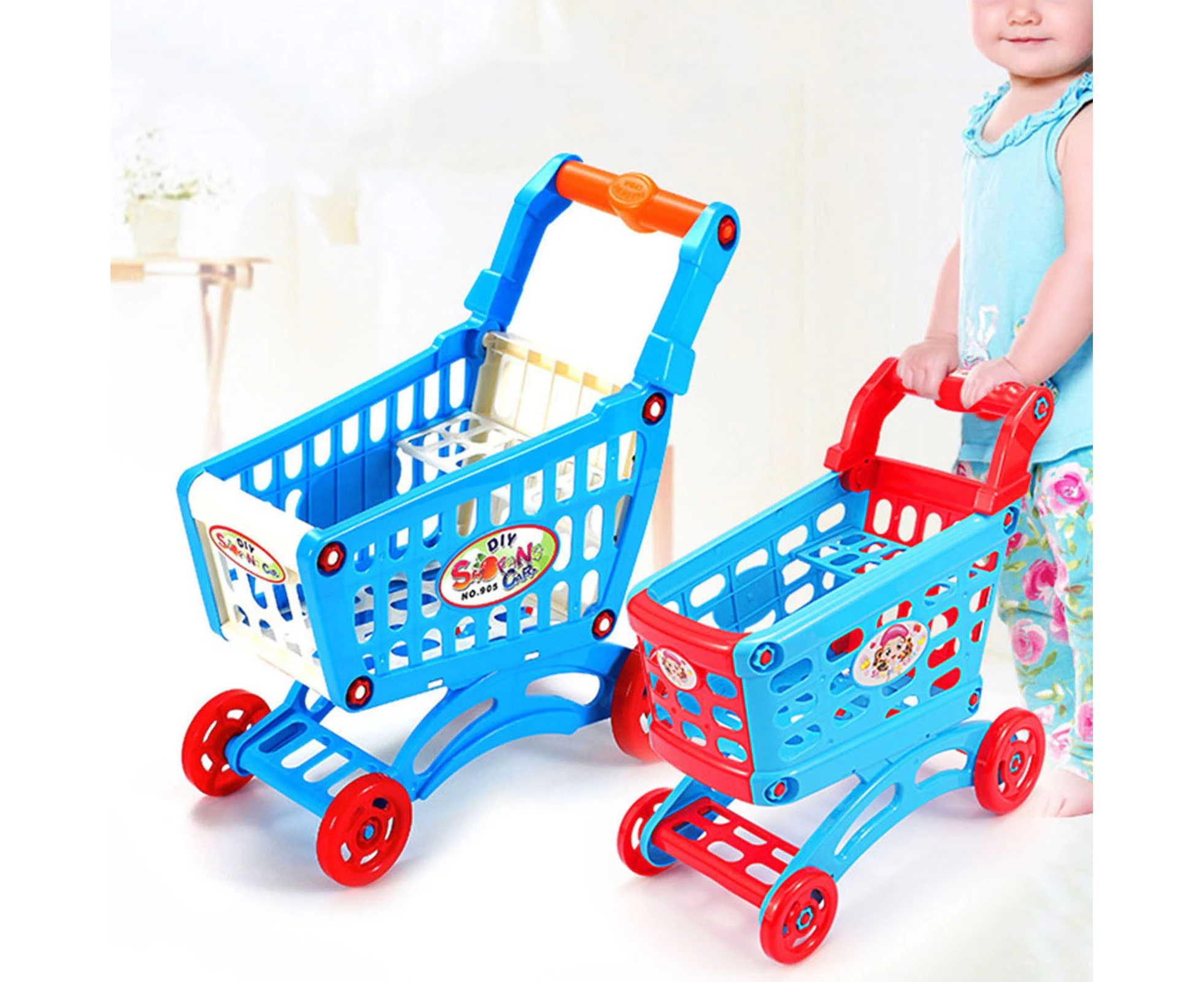 Flexible Wheel Shopping Cart Toy Detachable Colorful Shopping Cart Trolley Toy for Education-Blue Red