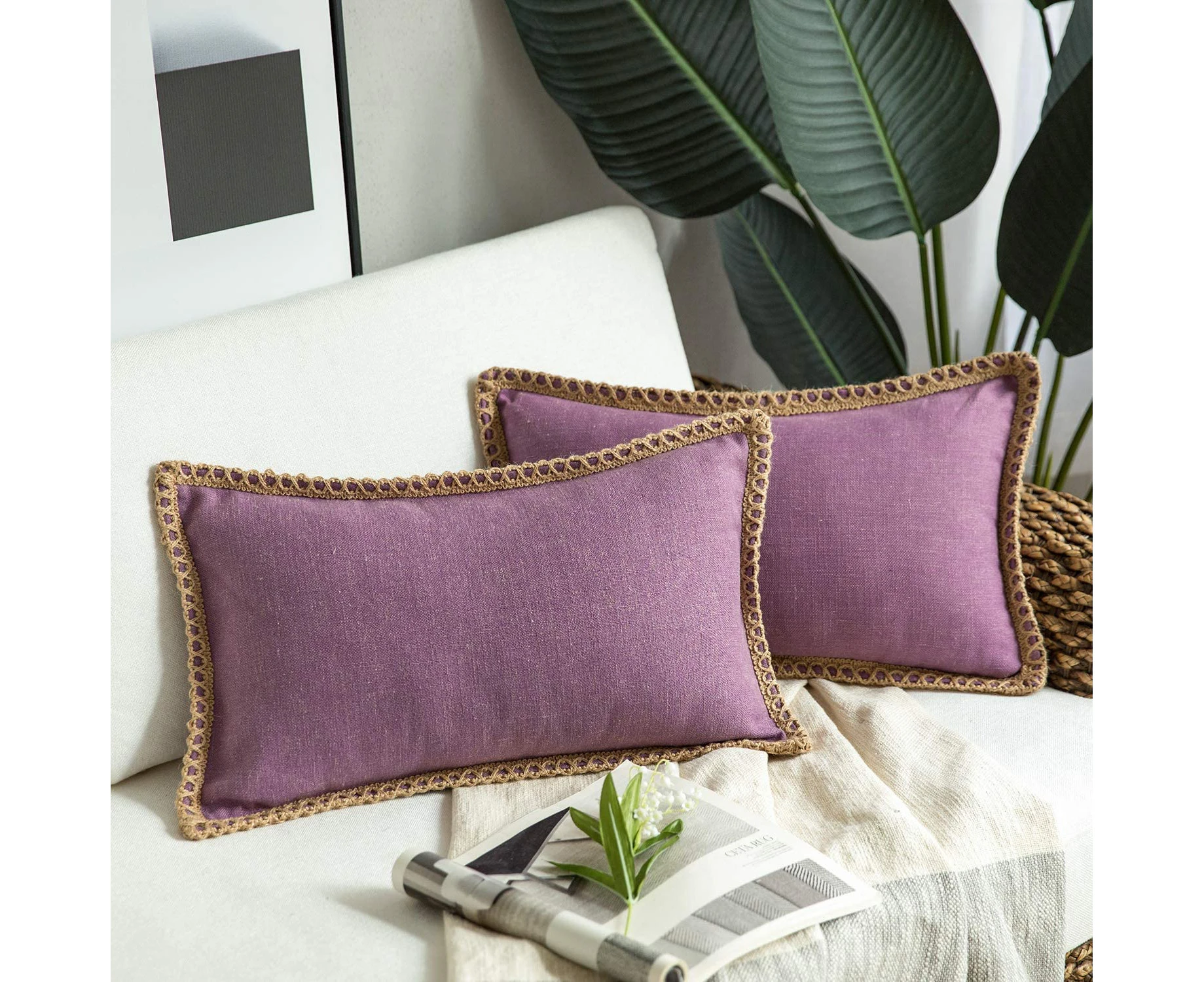 Pillow Covers 18x18 Set of 2 Modern Sofa Throw Pillow Cover Decorative Outdoor Linen Fabric Pillow Case for Couch Bed Car 45x45cm -12"x20"-Purple