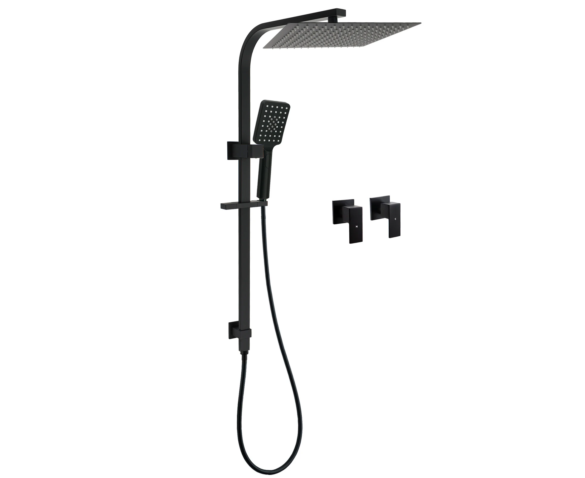 Dual Shower Set Matt Black 12" Rainfall Head 3 Modes Handheld Silding Rail Combo Double Taps