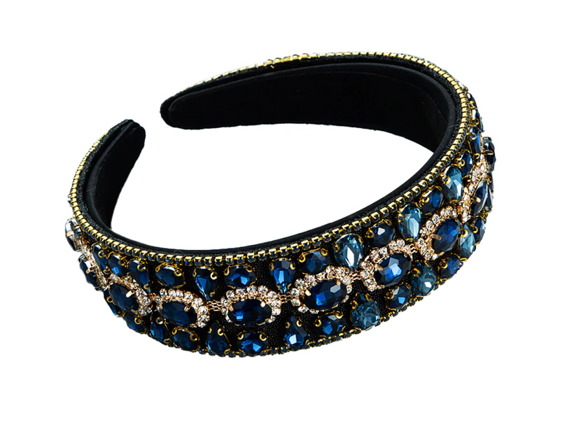 Rhinestone Padded Headband Baroque Crystal Embellished Hairbands Colorful Beaded Headbands Fashion Bejewelled HairHoop Accessory Navy