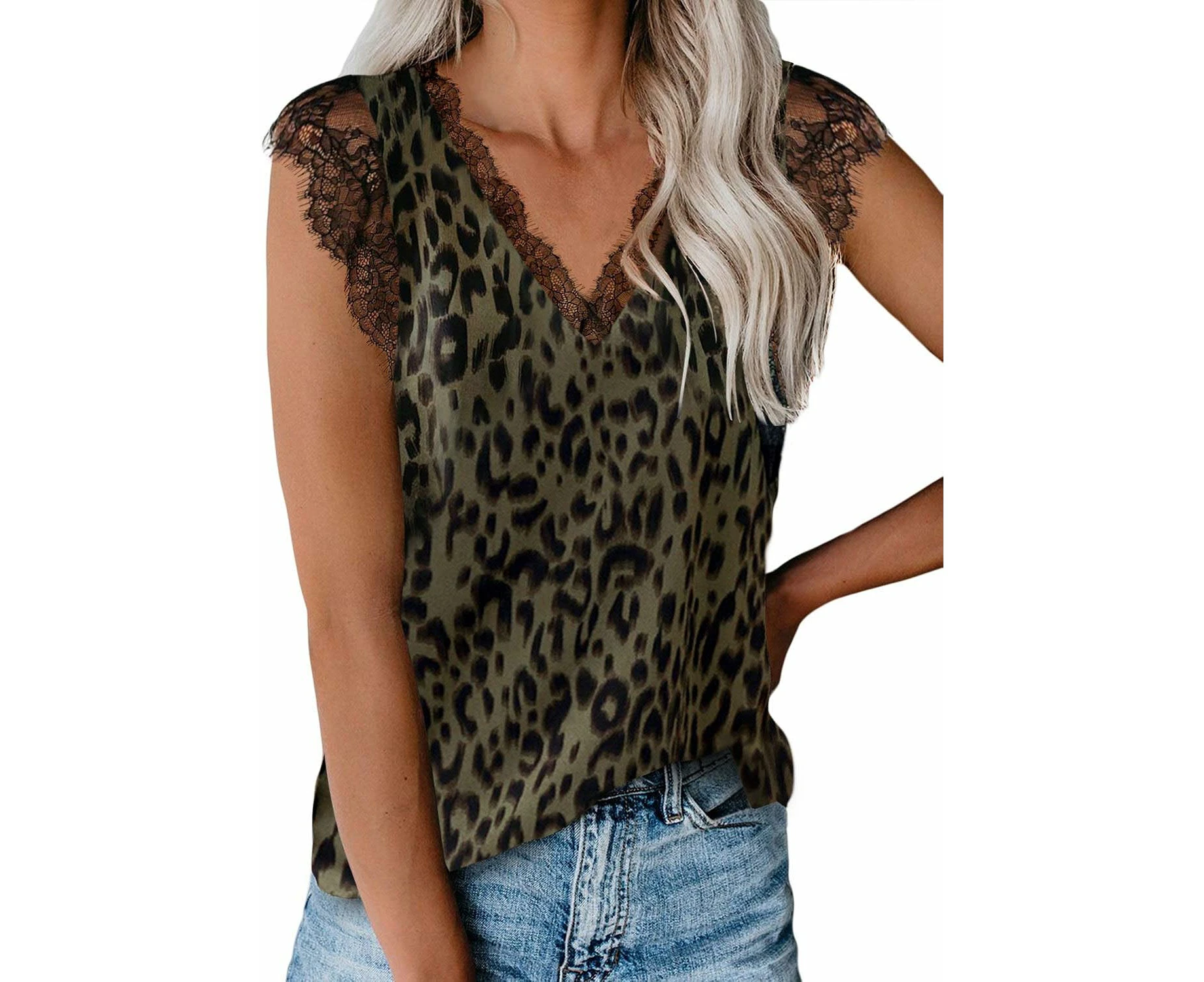 Women V Neck Lace Strappy Floral Print Tank Top Sleeveless Blouse,Green, L