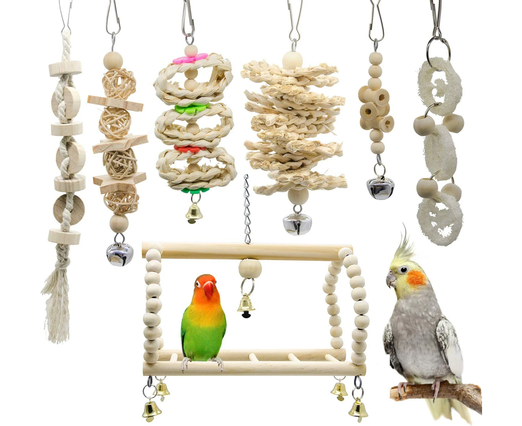 7 Packs Bird Parrot Swing Chewing Toys-Hanging Bell Bird Cage Toys Suitable for Small Parakeets, Cockatiels, Conures, Finches,Budgie,Macaws, Parrots