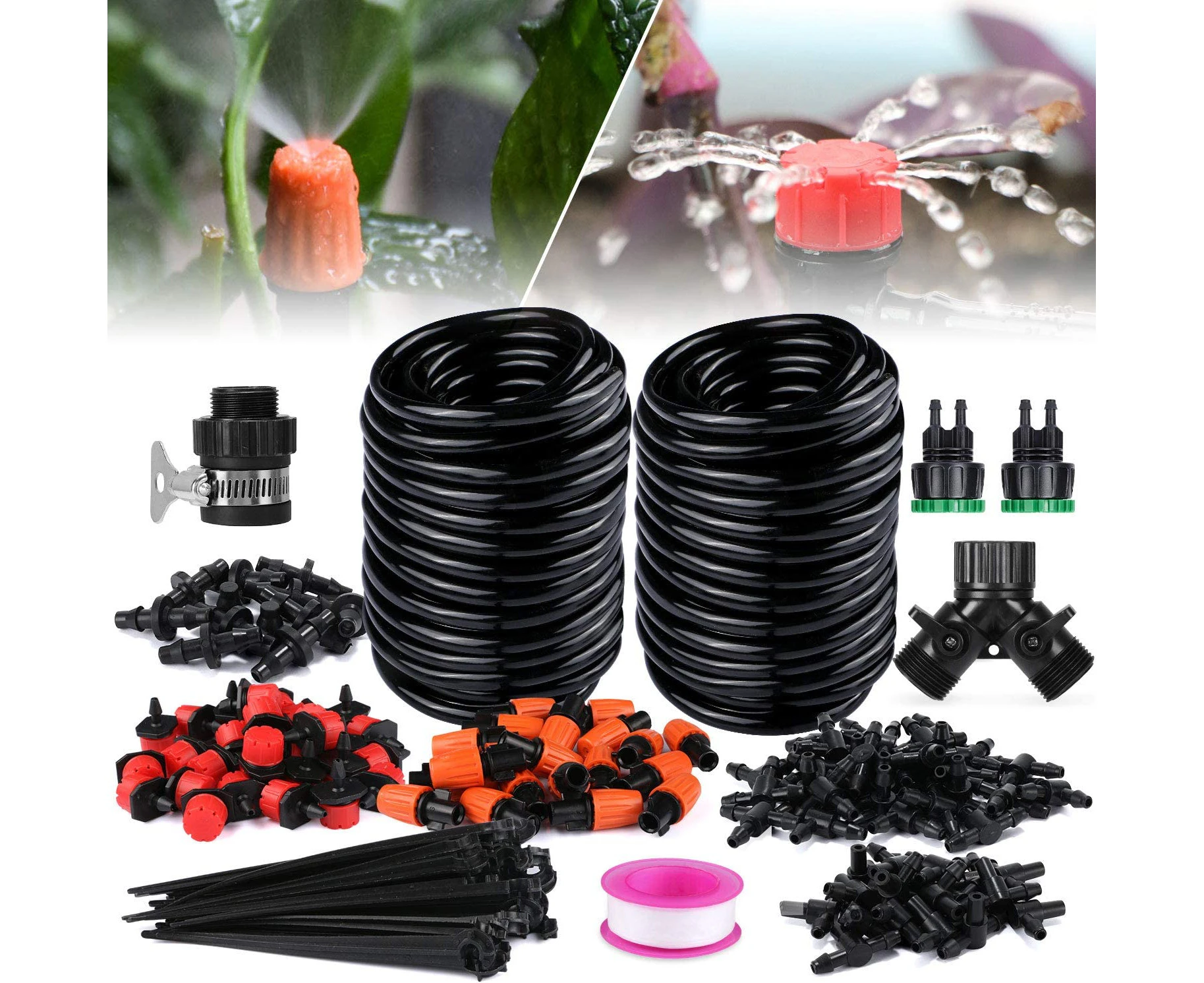 30 Meter Diy Garden Drip Irrigation System, 1/4 Inch (6.35 Mm) Water Pipe, Suitable For Landscape Gardens, Flowers, Courtyards, Plants Black.