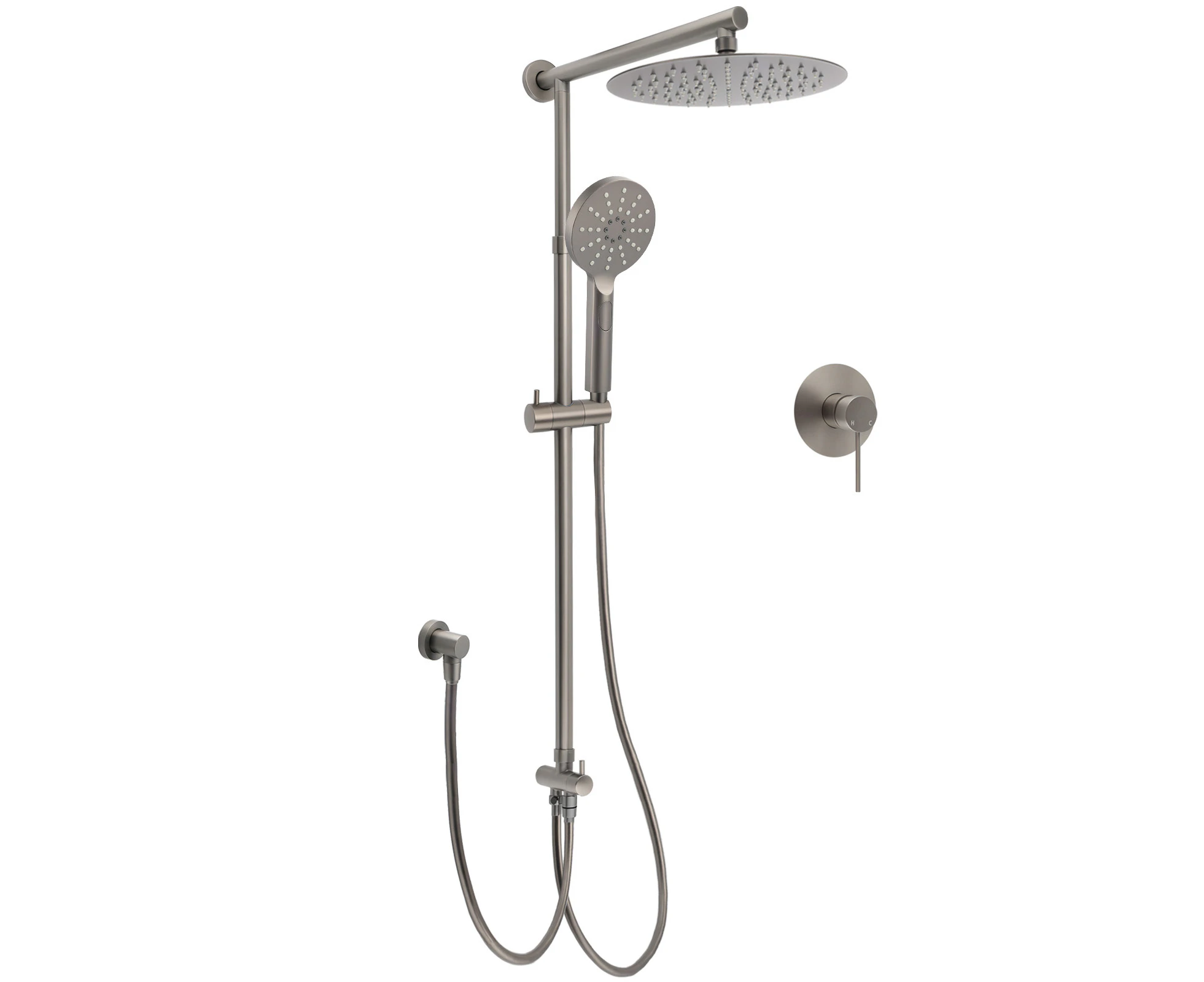 WELS Gun Metal Double Round Shower 10" Rain Head 3 Mode Handheld Sliding Rail Mixer Valve Set