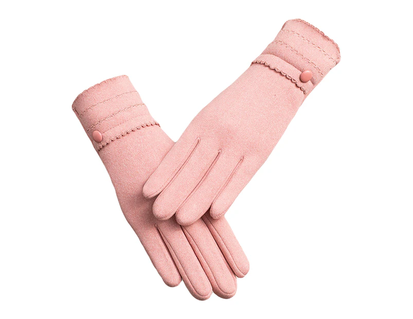 Winter Gloves Button Decor Full Finger Cover Wave Cuff Elegant Style Thin Women Gloves - Pink