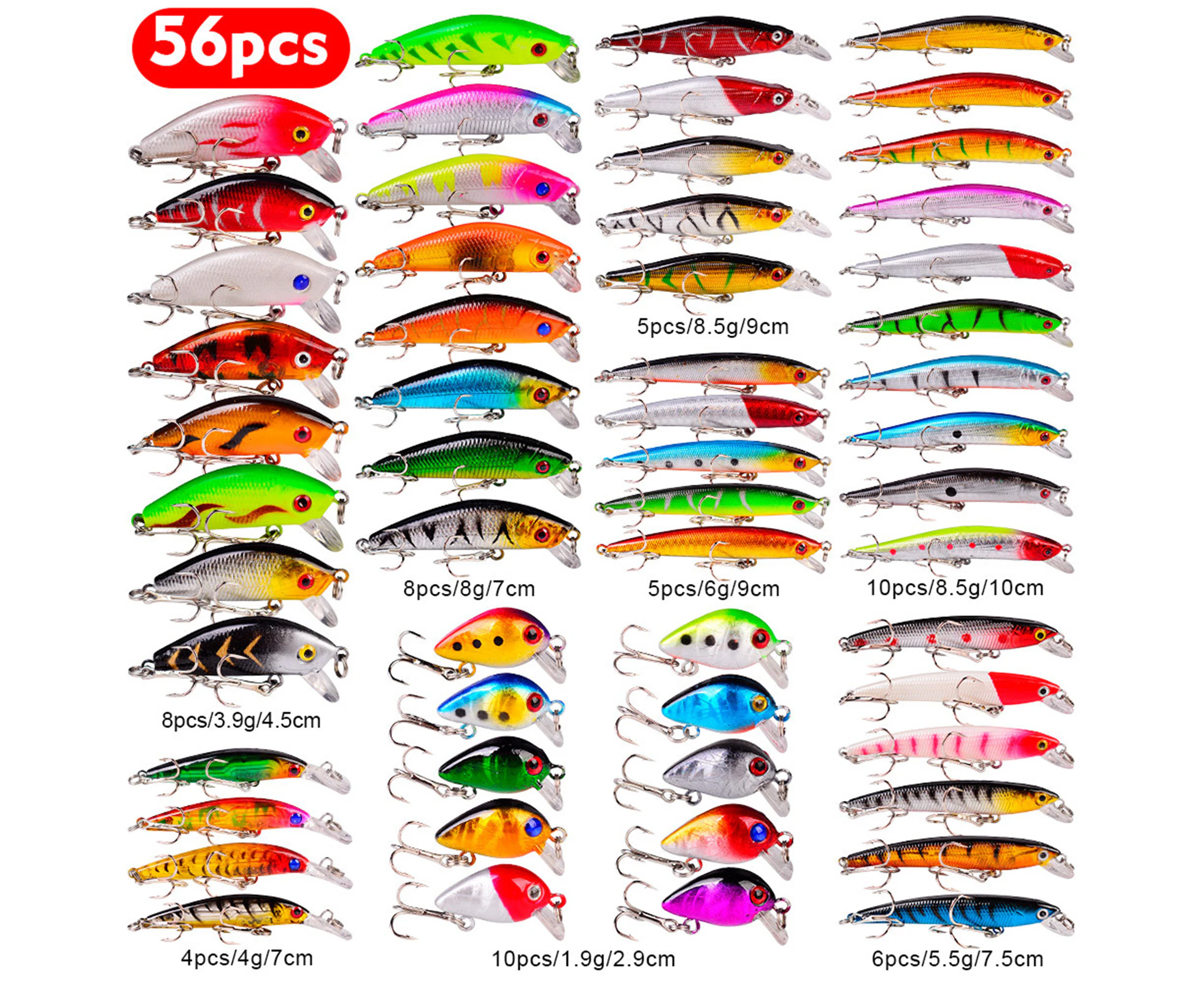 56Pcs/Set Artificial Bait Sharp Hook 3D Eyes Multi Styles Rust Resistant Soft Hard Bait for Fishing