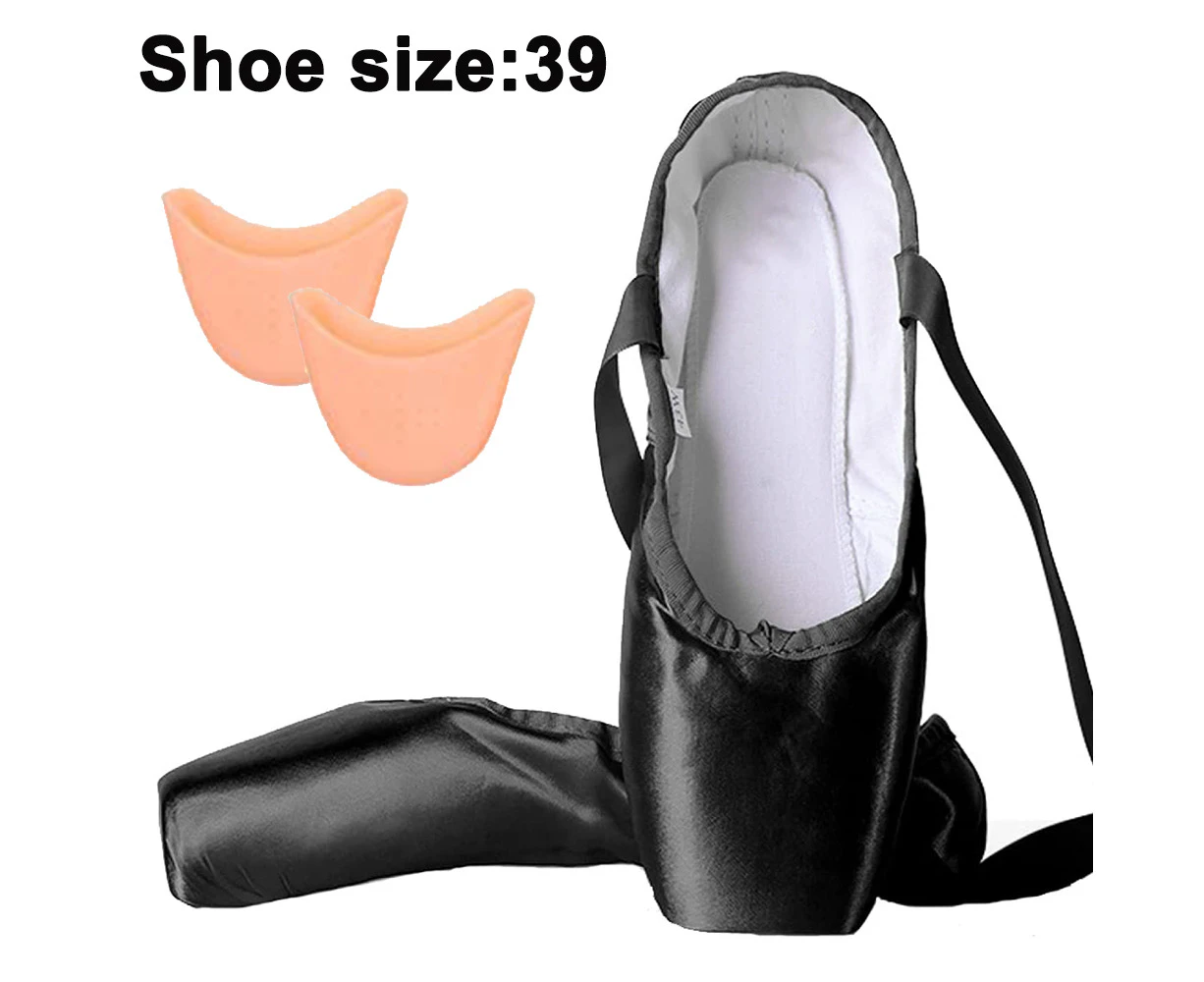 Ballet Pointe Shoes Girls Women Ribbon Ballerina Shoes With Toe Pads,Black,39