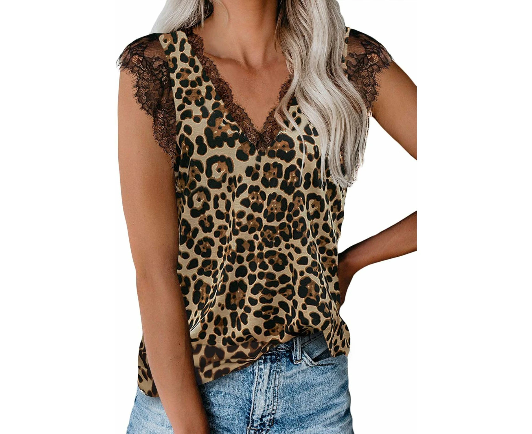 Women V Neck Lace Strappy Floral Print Tank Top Sleeveless Blouse,Brown, Xl