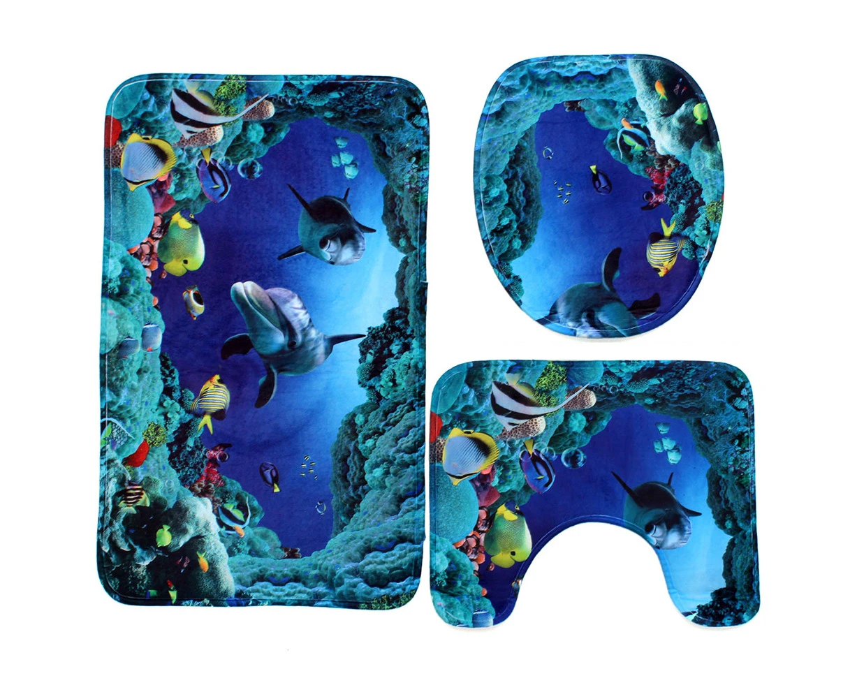 Leiou 3Pcs Blue Ocean Dolphin Bathroom Non-Slip Pedestal Rug Toilet Cover Bath Mat Set-