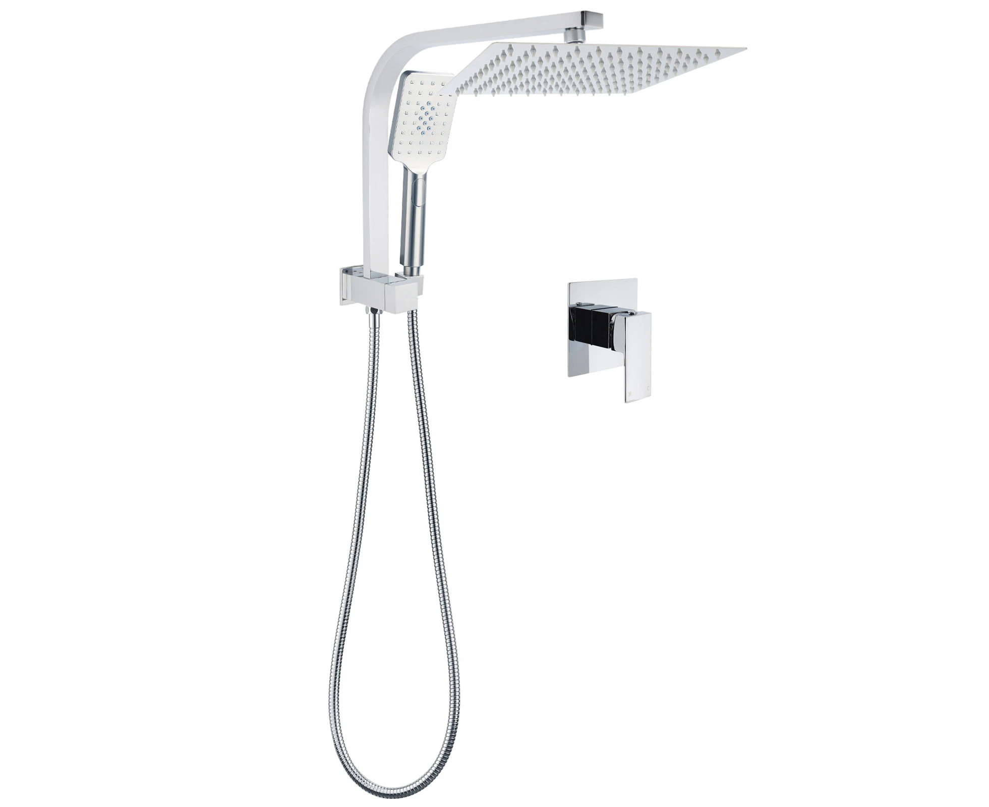 WELS Chrome 2in1 10" Square Rain Shower Head Handheld Spray Diverter Wall Arm Mixer Set