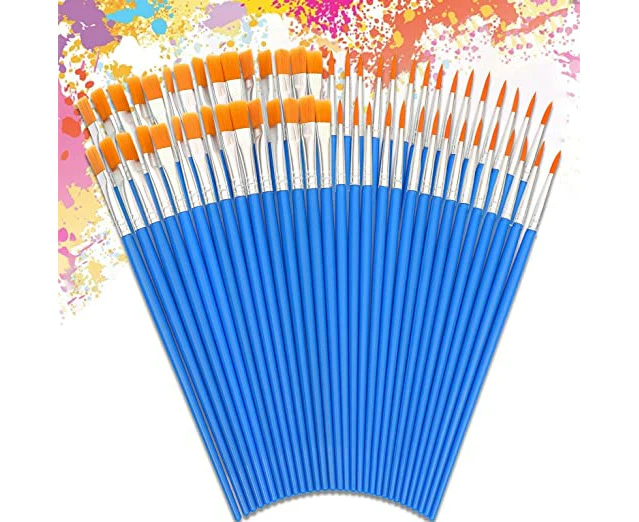 Brush Set, 60 Brushes, 30 Round Tip Brushes, 30 Flat Tip Brushes, For Acrylic Oil Watercolour, Face Nail Art, Miniature Art And Rock Painting, Blue